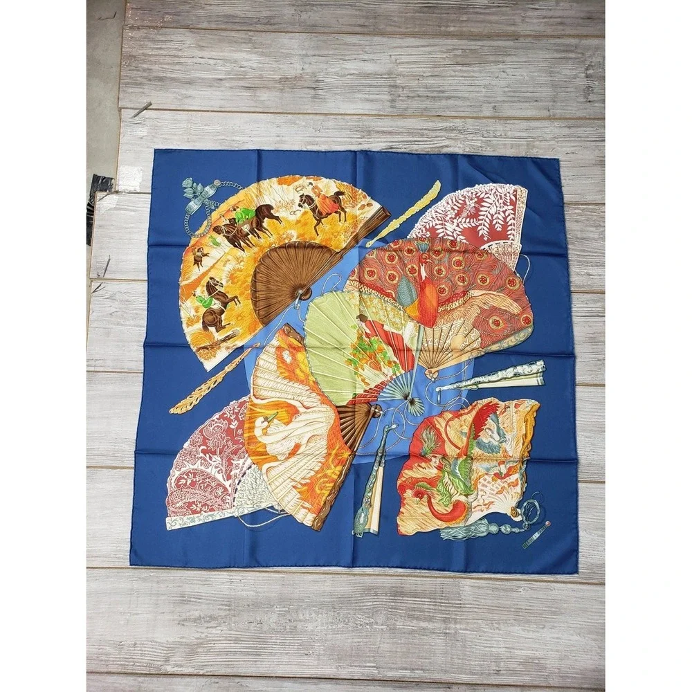 Hermès Brise de Charme 35in Silk Scarf Blue Equestrian Fan Design w Box